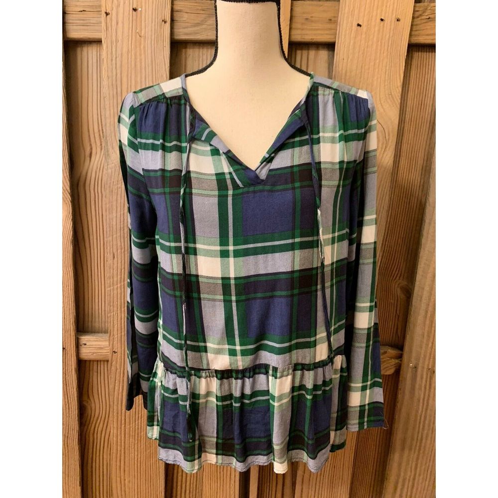 Entro Blue Green Plaid Flannel Top